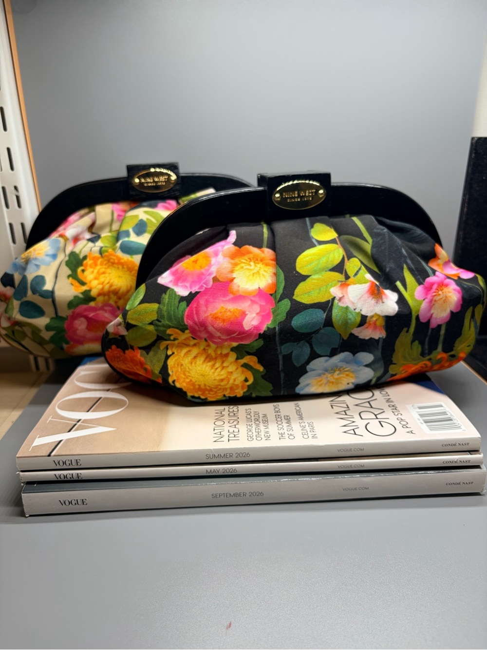 Set of 2 Nine West Black Floral Satin Clutch with Multicolor Blooms